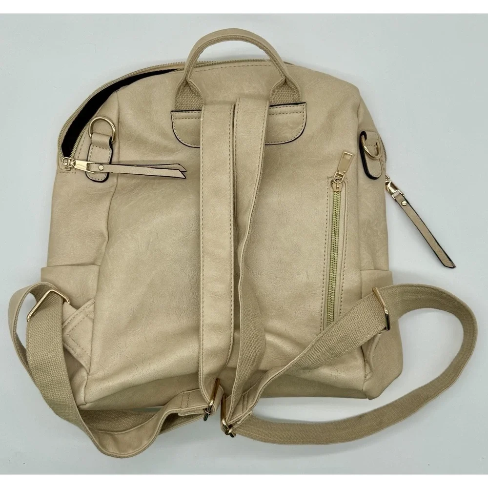 Faux Leather Backpack Purse Beige Cream Multi Pocket Travel Diaper Bag
